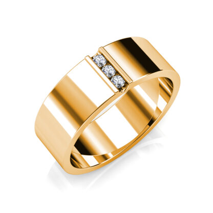 Perspective view of yellow gold vertical three diamond flat band for men