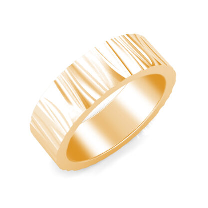 Perspective view of yellow gold bark texture band for men
