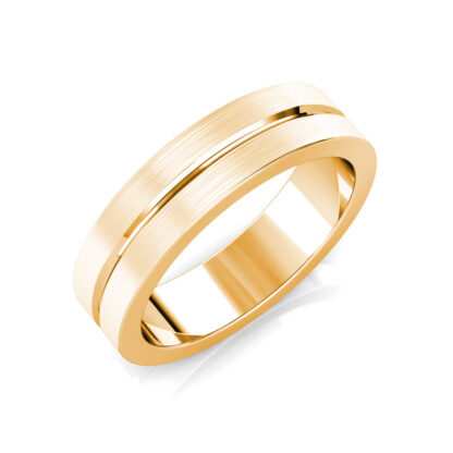 Perspective view of yellow gold brushed center groove band for men