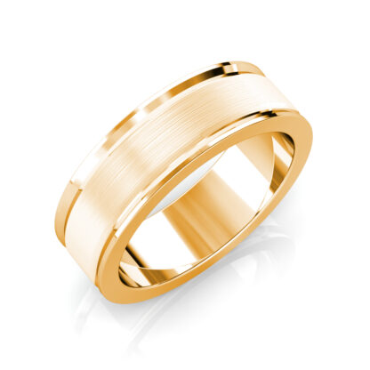 Perspective view of yellow gold brushed step edge band for men