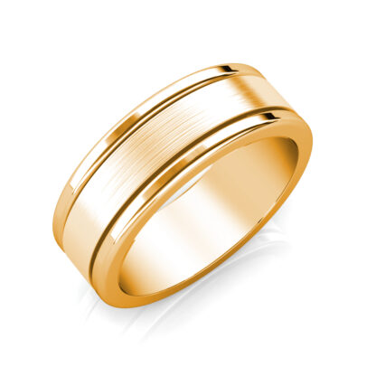 Perspective view of yellow gold brushed double groove band for men