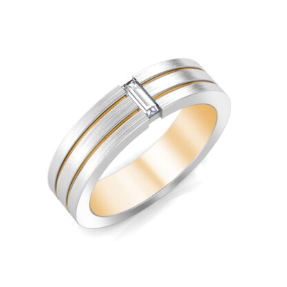 Perspective view of white and yellow gold baguette diamond double rail band for men