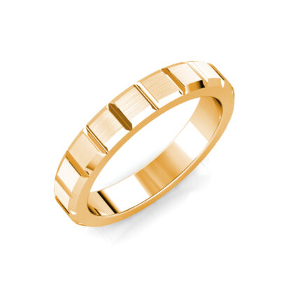 Perspective view of yellow gold brushed block segment band