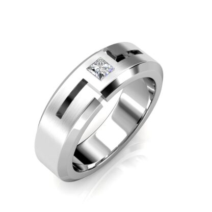 Perspective view of white gold or platinum princess diamond cutout beveled band for men