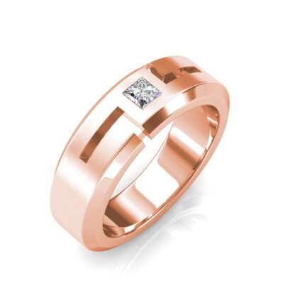 Perspective view of rose gold princess diamond cutout beveled band for men