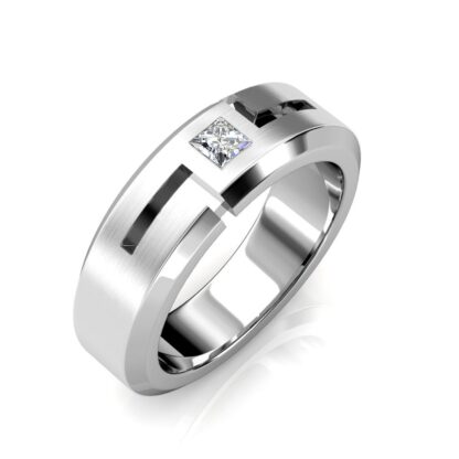 Perspective view of white gold or platinum princess diamond cutout beveled band for men