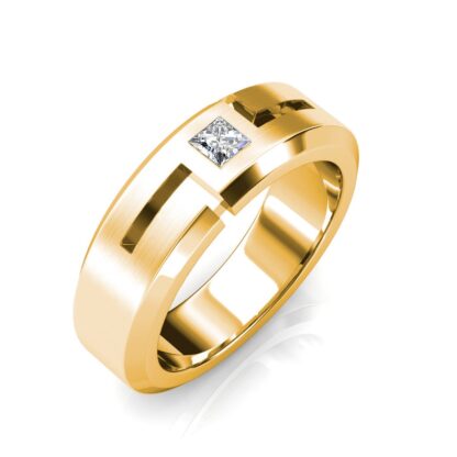 Perspective view of yellow gold princess diamond cutout beveled band for men