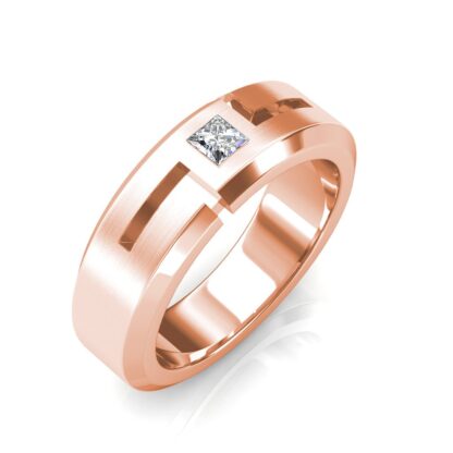 Perspective view of rose gold princess diamond cutout beveled band for men
