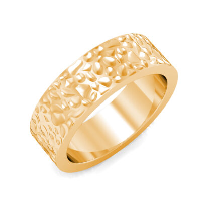 Perspective view of yellow gold hammered texture band for men