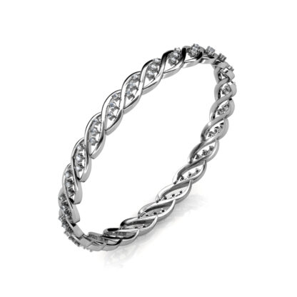 Second angled view of white gold or platinum twisted braid diamond bangle