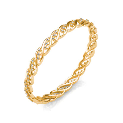 Second angled view of yellow gold twisted braid diamond bangle