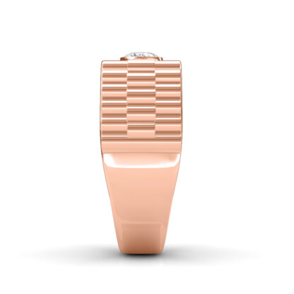Side view of rose gold stepped ridge bezel diamond ring for men showing the band depth