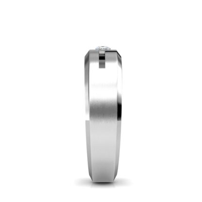Side view of white gold or platinum princess diamond cutout beveled band for men showing the band depth