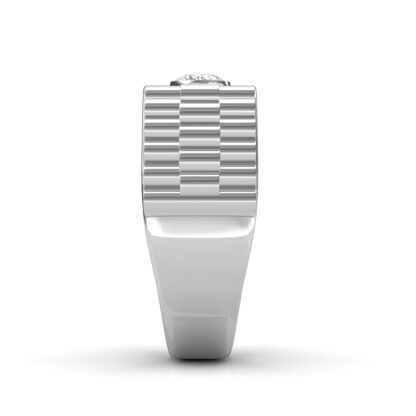 Side view of white gold or platinum stepped ridge bezel diamond ring for men showing the band depth