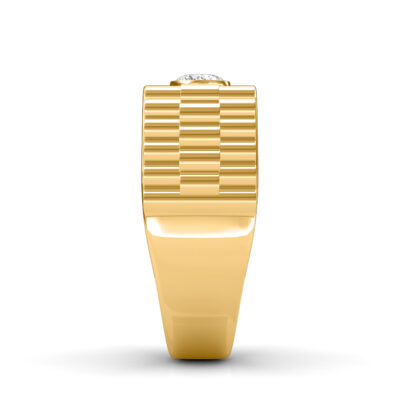 Side view of yellow gold stepped ridge bezel diamond ring for men showing the band depth