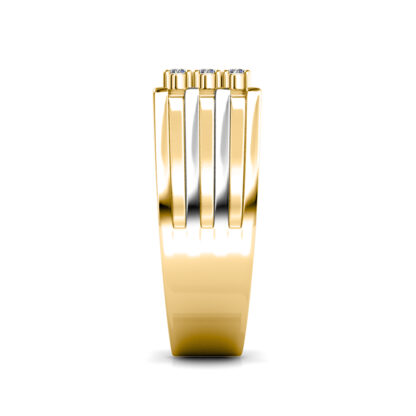 Side view of yellow and white gold two-tone nine diamond grooved ring for men showing the band depth