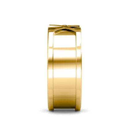 Side view of yellow gold crosshatch diamond ring for men showing the band depth