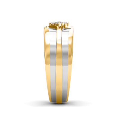 Side view of two-tone yellow and white gold two-tone diamond cluster ring for men showing the band depth and setting