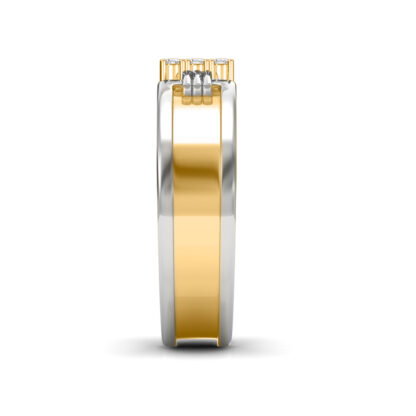 Side view of two-tone yellow and white gold two-tone nine diamond bridge ring for men showing the band depth and setting