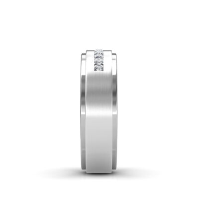 Side view of white gold or platinum channel-set diamond brushed band for men showing the band depth and setting