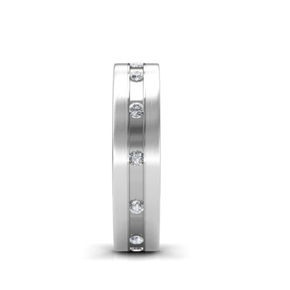 Side view of white gold or platinum star-set diamond band for men showing the band depth