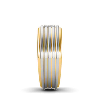 Side view of two-tone yellow and white gold two-tone ridged diamond ring for men showing the band depth and setting