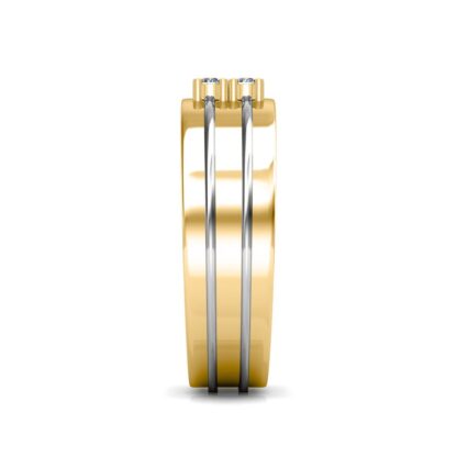 Side view of yellow and white gold double groove four diamond ring for men showing the band depth