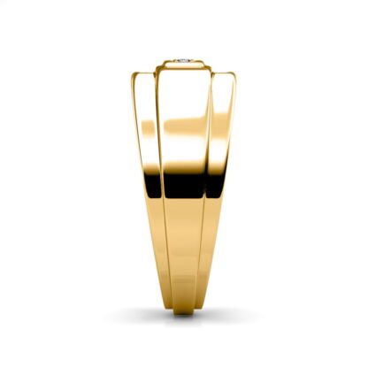 Side view of yellow gold baguette and round diamond signet ring for men showing the band depth