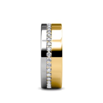 Side view of yellow and white gold two-tone channel-set diamond band for men showing the band depth