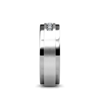 Side view of men's diamond band showing brushed matte finish and polished stepped edges