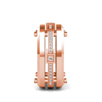Side view of rose gold screw detail diamond square band for men showing the band depth
