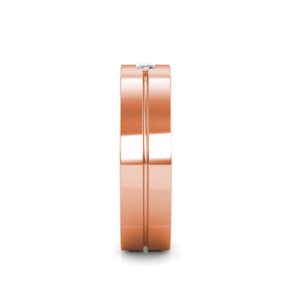 Side view of rose gold two diamond groove flat band for men showing the band depth