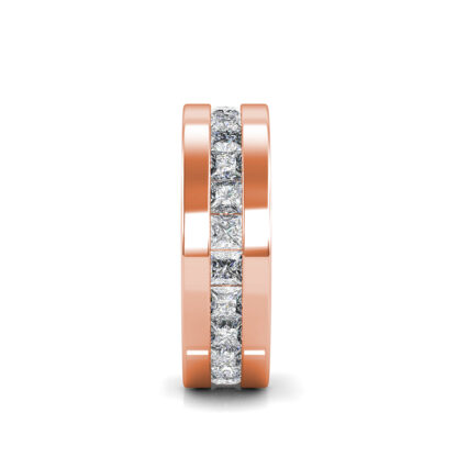 Side view of rose gold princess cut channel-set eternity band for men showing the band depth