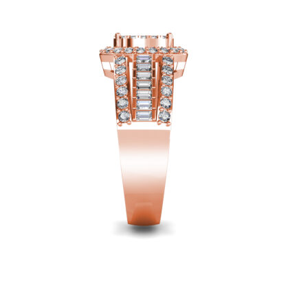 Side view of rose gold oval diamond cluster baguette ring for men showing the band depth