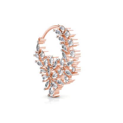 Side view of rose gold diamond leaf cluster nose ring showing the band depth