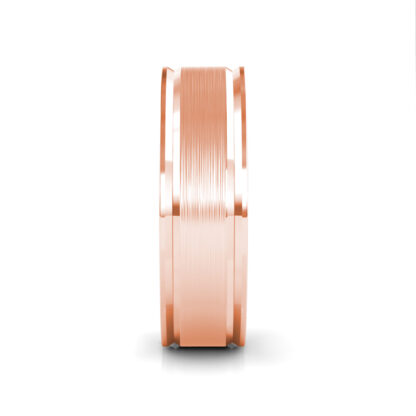 Side view of rose gold brushed step edge band for men showing the band depth