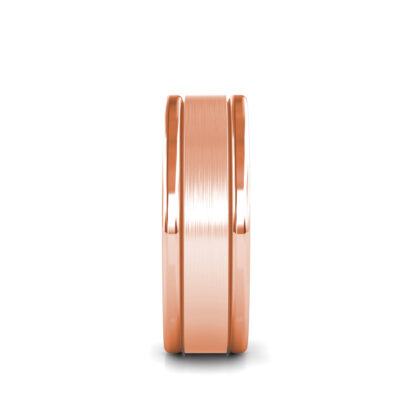 Side view of rose gold brushed double groove band for men showing the band depth