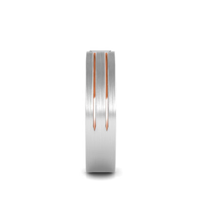 Side view of white and rose gold baguette diamond double rail band for men showing the band depth