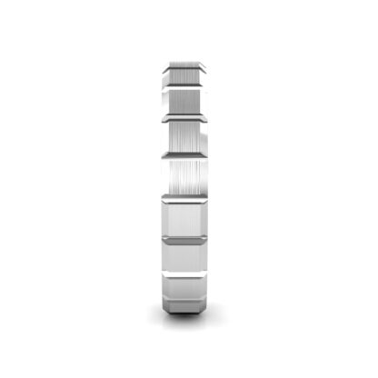 Side view of white gold or platinum brushed block segment band showing the band depth