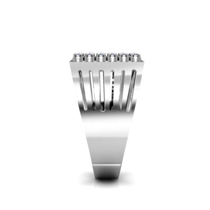 Side view of white gold or platinum square diamond cluster slotted ring for men showing the band depth