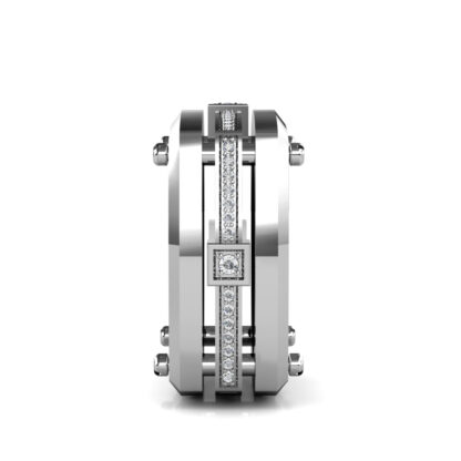 Side view of white gold or platinum screw detail diamond square band for men showing the band depth