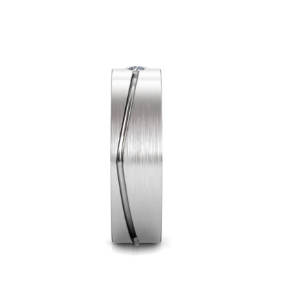 Side view of white gold or platinum wave line diamond brushed band for men showing the band depth