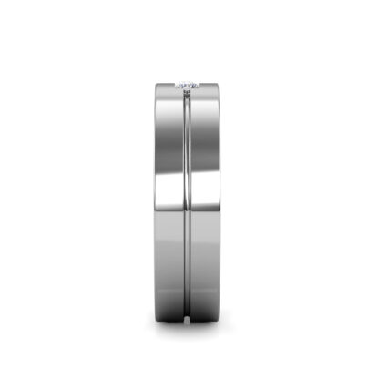Side view of white gold or platinum two diamond groove flat band for men showing the band depth