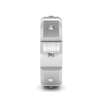 Side view of white gold or platinum princess diamond station band for men showing the band depth