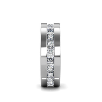 Side view of white gold or platinum princess cut channel-set eternity band for men showing the band depth