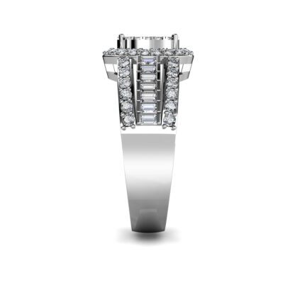 Side view of white gold or platinum oval diamond cluster baguette ring for men showing the band depth