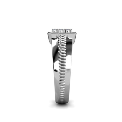 Side view of white gold or platinum nine diamond scalloped square ring for men showing the band depth