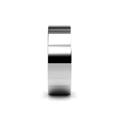 Side view of white gold or platinum vertical three diamond flat band for men showing the band depth