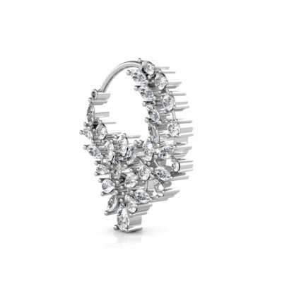 Side view of white gold or platinum diamond leaf cluster nose ring showing the band depth