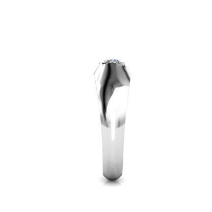 Side view of white gold or platinum domed bezel diamond ring for men showing the band depth